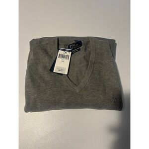Mens Polo Ralph Lauren  Gray Pima Cotton V Neck Sweater Size S Gray Pony NWT $89